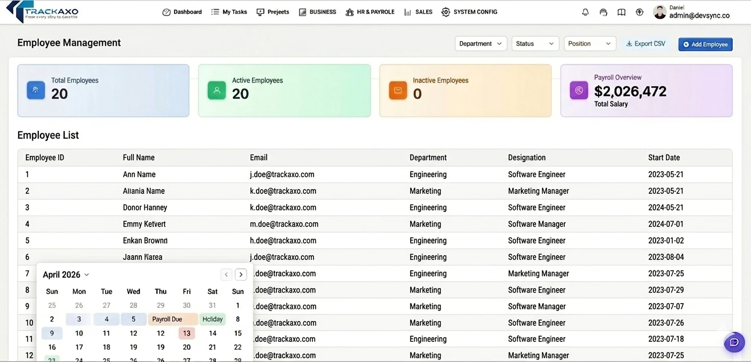 TrackAxo HR and payroll dashboard for employee management